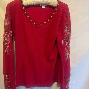 Sundance Bright Pink Embroidered Long Sleeve stretch knit Top